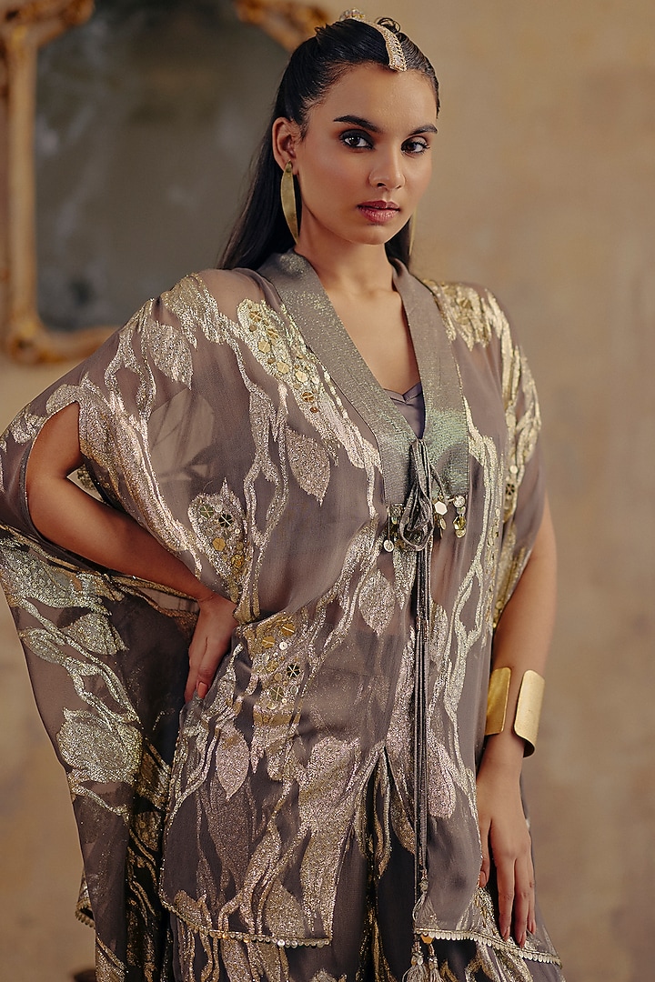 Grey Jacquard Premium Lurex Georgette Motif Printed Cape Set by Ajiesh Oberoi at Pernia's Pop Up Shop