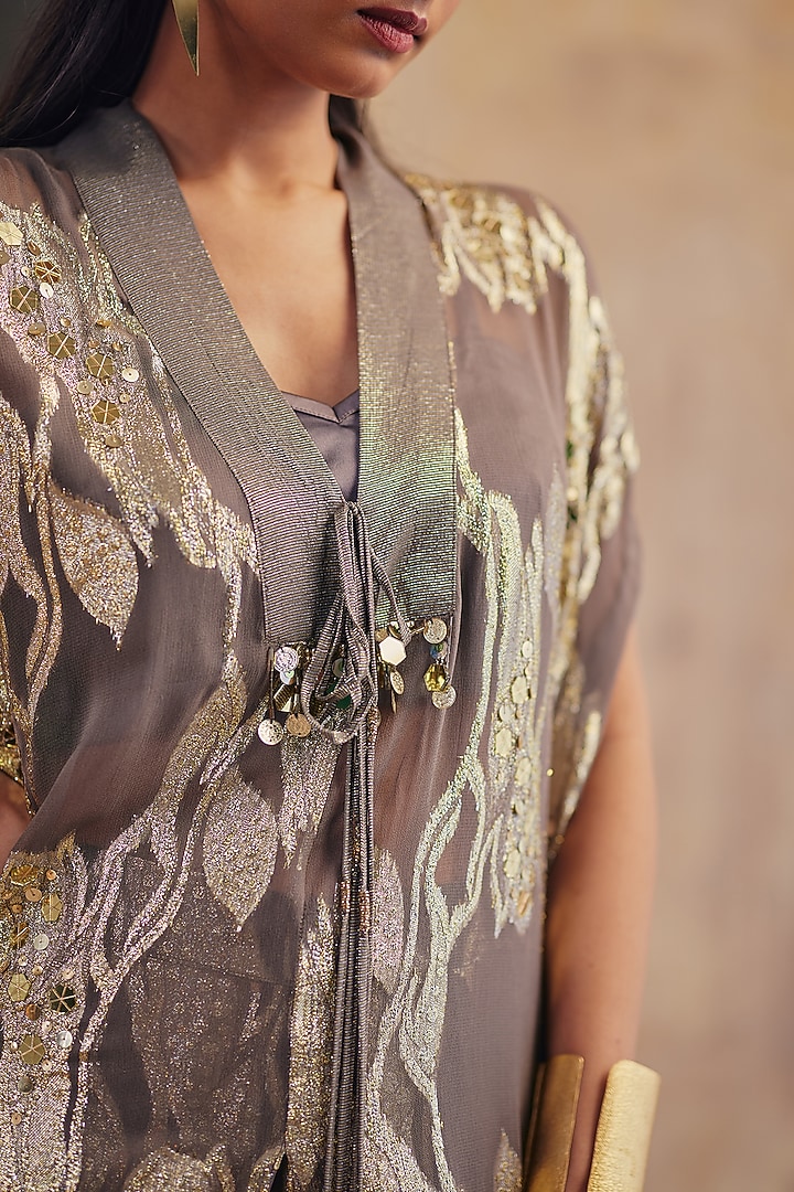 Grey Jacquard Premium Lurex Georgette Motif Printed Cape Set by Ajiesh Oberoi at Pernia's Pop Up Shop