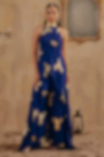 Blue Jacquard Premium Lurex Georgette Motif Printed Pant Set by Ajiesh Oberoi at Pernia's Pop Up Shop