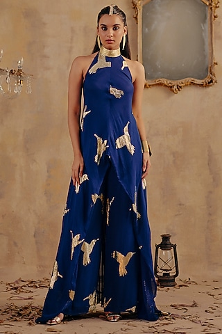 Blue Jacquard Premium Lurex Georgette Motif Printed Pant Set by Ajiesh Oberoi