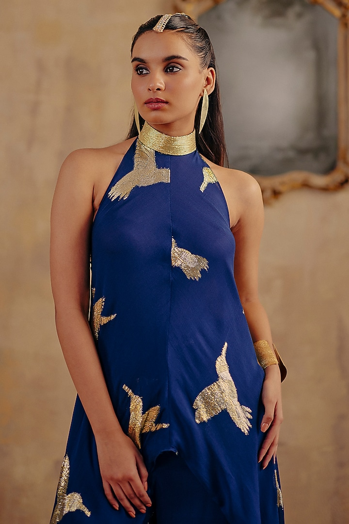 Blue Jacquard Premium Lurex Georgette Motif Printed Pant Set by Ajiesh Oberoi at Pernia's Pop Up Shop