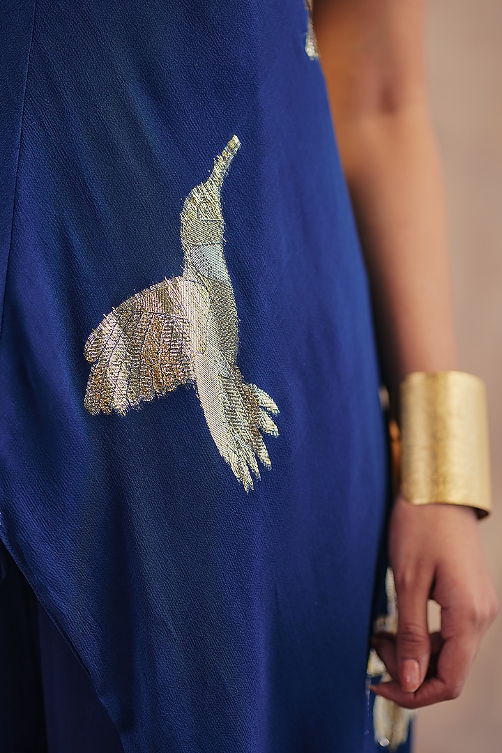 Blue Jacquard Premium Lurex Georgette Motif Printed Pant Set by Ajiesh Oberoi at Pernia's Pop Up Shop