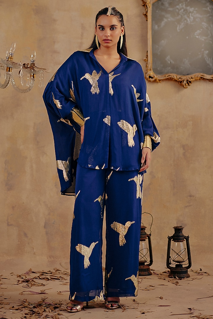 Blue Jacquard Premium Lurex Georgette Motif Printed Co-Ord Set by Ajiesh Oberoi at Pernia's Pop Up Shop
