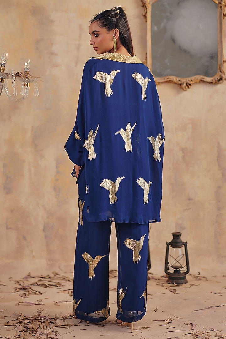 Blue Jacquard Premium Lurex Georgette Motif Printed Co-Ord Set by Ajiesh Oberoi at Pernia's Pop Up Shop