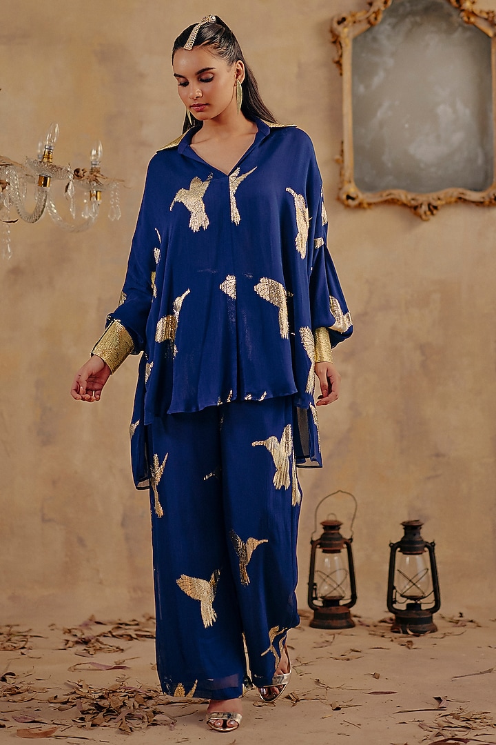 Blue Jacquard Premium Lurex Georgette Motif Printed Co-Ord Set by Ajiesh Oberoi at Pernia's Pop Up Shop