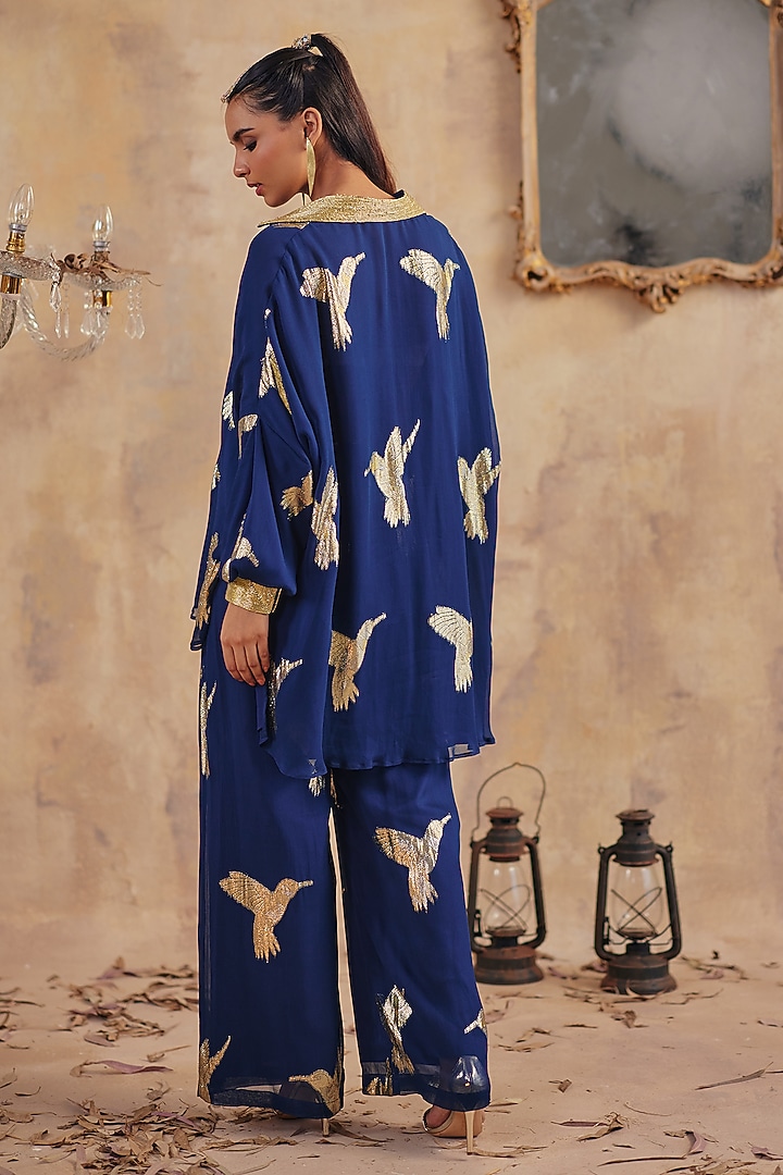Blue Jacquard Premium Lurex Georgette Motif Printed Co-Ord Set by Ajiesh Oberoi at Pernia's Pop Up Shop