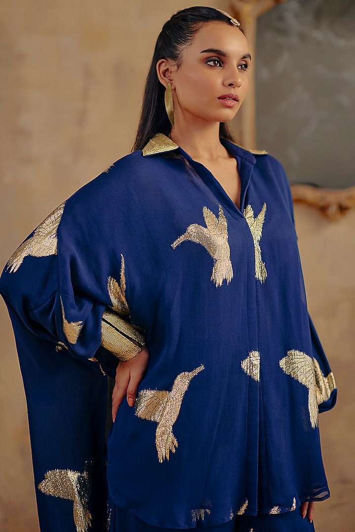 Blue Jacquard Premium Lurex Georgette Motif Printed Co-Ord Set by Ajiesh Oberoi at Pernia's Pop Up Shop