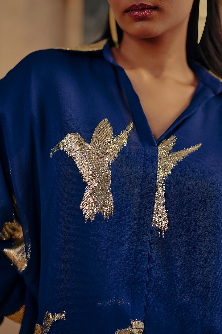 Blue Jacquard Premium Lurex Georgette Motif Printed Co-Ord Set by Ajiesh Oberoi at Pernia's Pop Up Shop