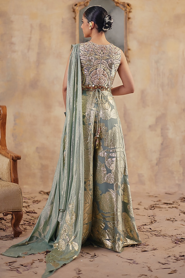 Mint Green Jacquard Premium Lurex Georgette Motif Printed Pant Set by Ajiesh Oberoi at Pernia's Pop Up Shop