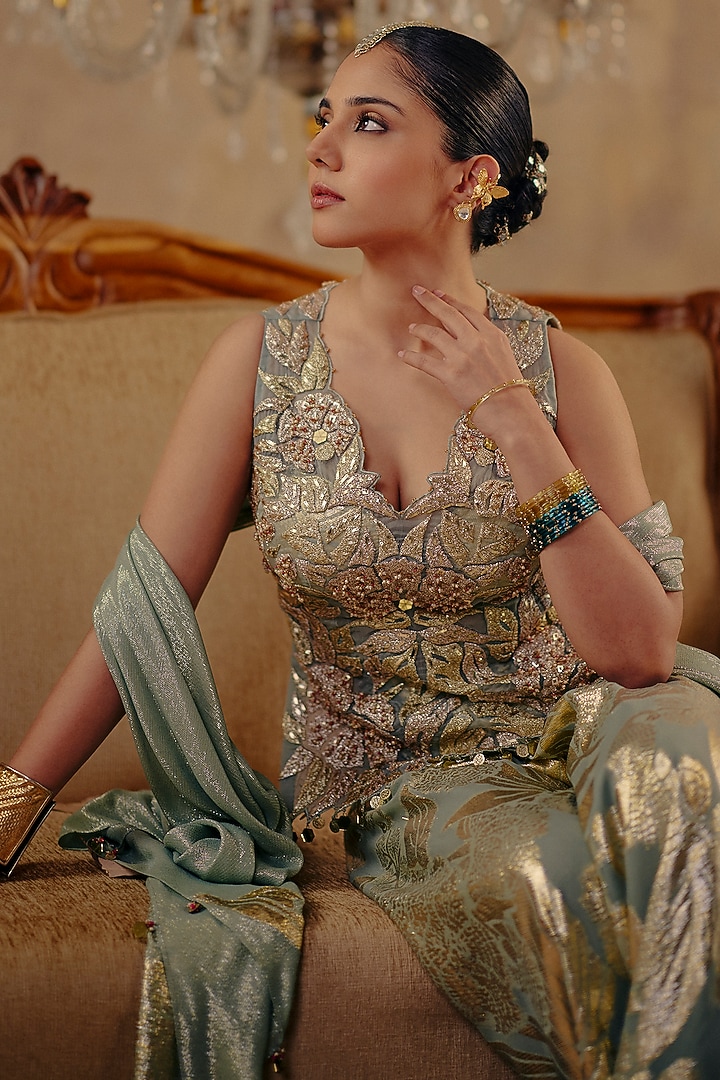 Mint Green Jacquard Premium Lurex Georgette Motif Printed Pant Set by Ajiesh Oberoi at Pernia's Pop Up Shop