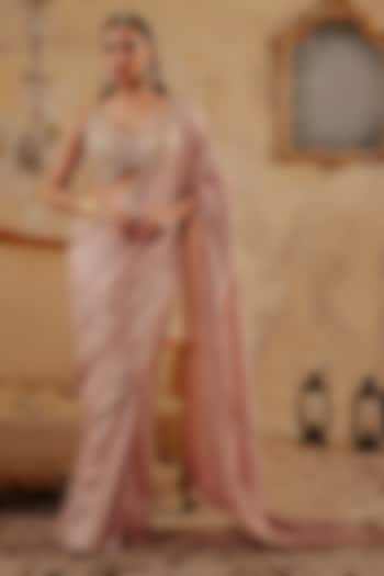 Blush Pink Premium Lurex Georgette Embroidered Wedding Saree Set by Ajiesh Oberoi at Pernia's Pop Up Shop