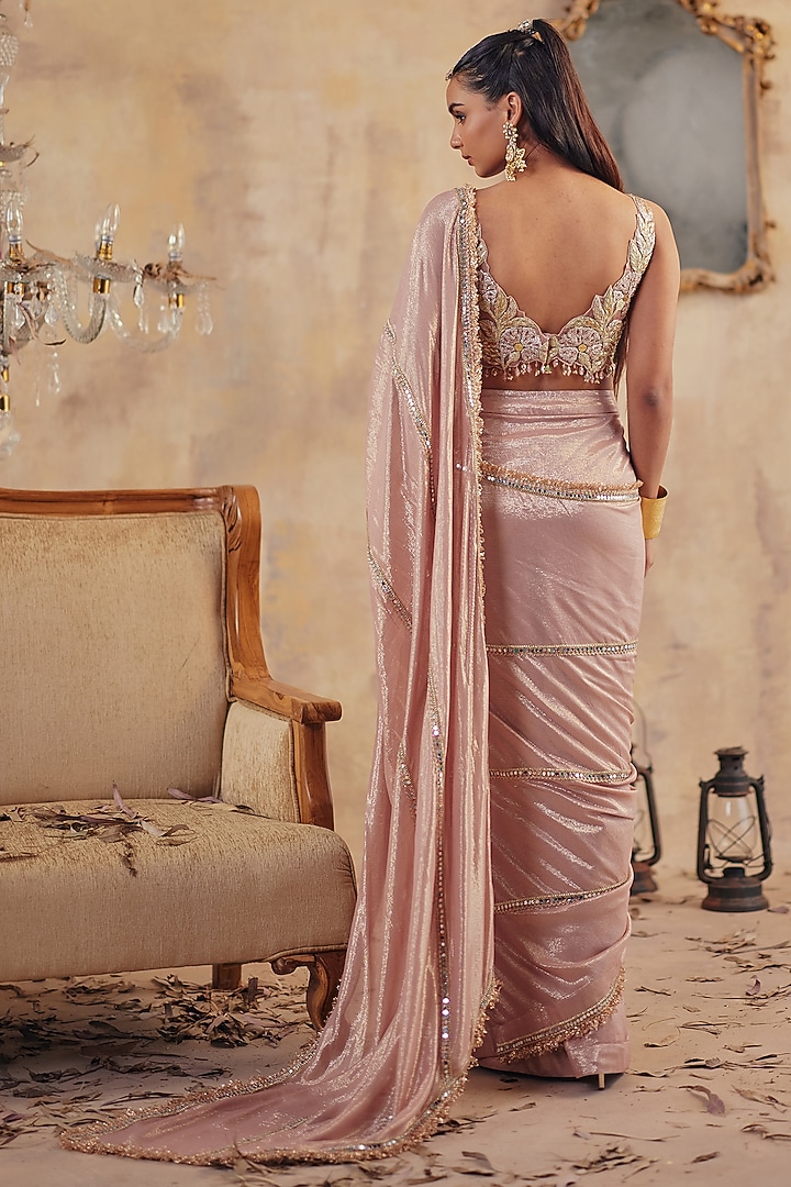 Blush Pink Premium Lurex Georgette Embroidered Wedding Saree Set by Ajiesh Oberoi at Pernia's Pop Up Shop