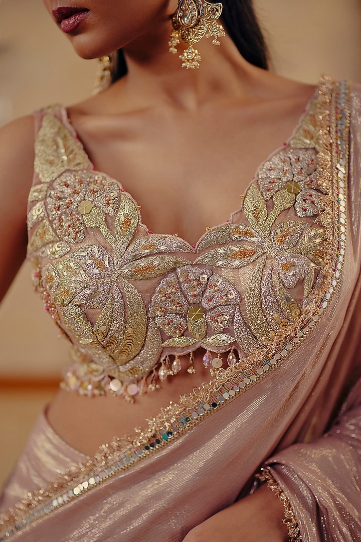 Blush Pink Premium Lurex Georgette Embroidered Wedding Saree Set by Ajiesh Oberoi at Pernia's Pop Up Shop