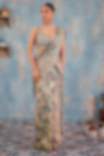 Sage Green Jacquard Premium Lurex Georgette Mirror Embroidered Wedding Saree Set by Ajiesh Oberoi at Pernia's Pop Up Shop