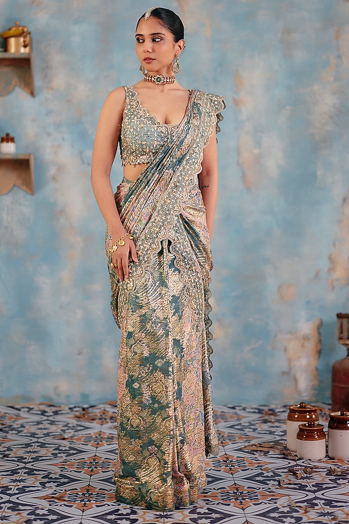 Sage Green Jacquard Premium Lurex Georgette Mirror Embroidered Wedding Saree Set by Ajiesh Oberoi at Pernia's Pop Up Shop