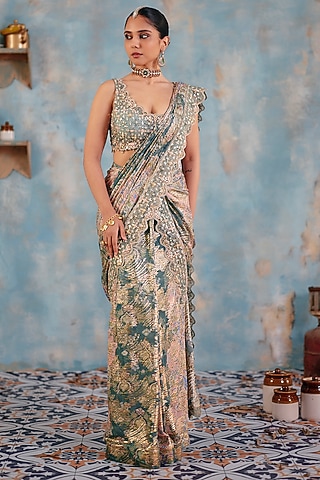 Sage Green Jacquard Premium Lurex Georgette Mirror Embroidered Saree Set by Ajiesh Oberoi