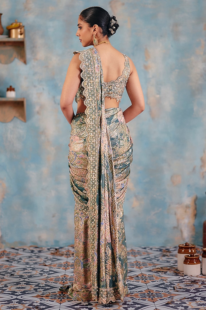 Sage Green Jacquard Premium Lurex Georgette Mirror Embroidered Wedding Saree Set by Ajiesh Oberoi at Pernia's Pop Up Shop