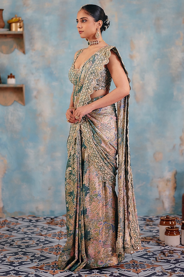 Sage Green Jacquard Premium Lurex Georgette Mirror Embroidered Wedding Saree Set by Ajiesh Oberoi at Pernia's Pop Up Shop