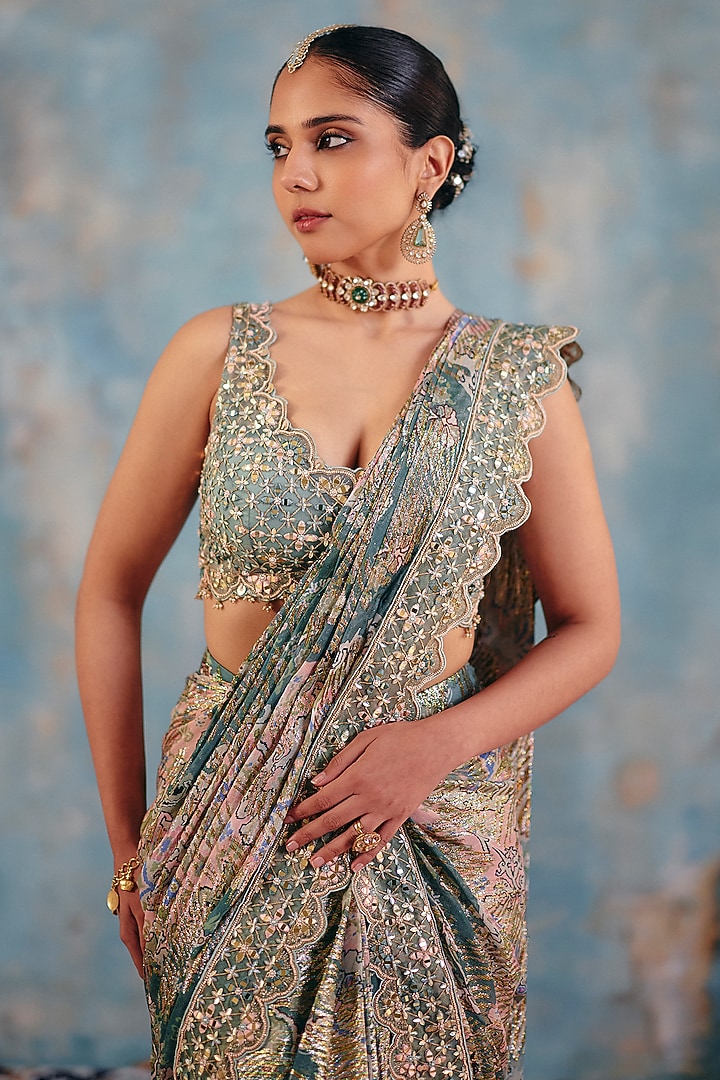 Sage Green Jacquard Premium Lurex Georgette Mirror Embroidered Wedding Saree Set by Ajiesh Oberoi at Pernia's Pop Up Shop