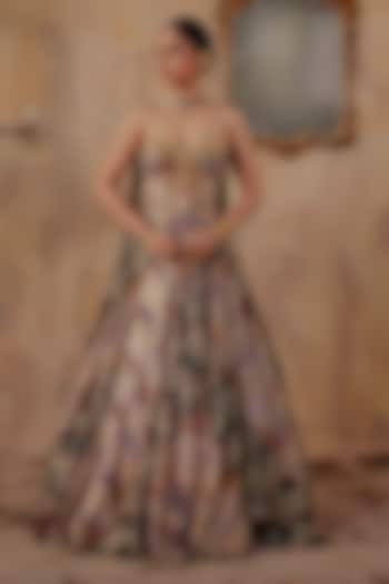 Multi-Colored Premium Lurex Georgette Printed Wedding Lehenga Set by Ajiesh Oberoi at Pernia's Pop Up Shop