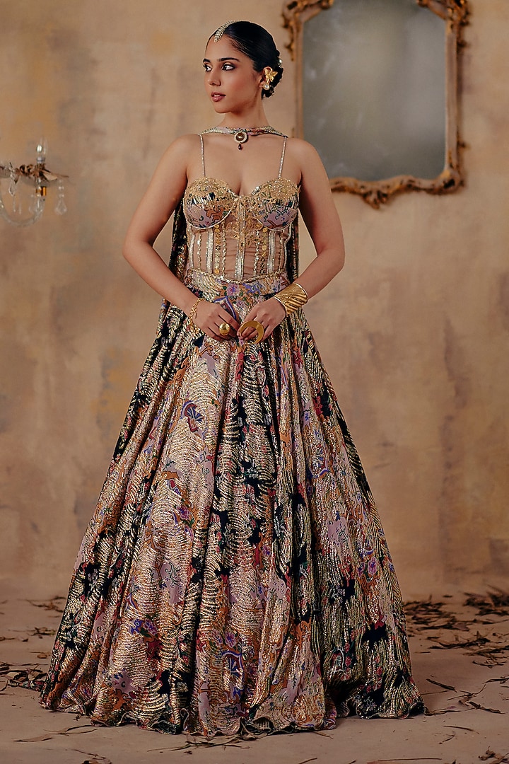 Multi-Colored Premium Lurex Georgette Printed Wedding Lehenga Set by Ajiesh Oberoi at Pernia's Pop Up Shop