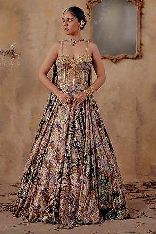 Multi-Colored Premium Lurex Georgette Printed Lehenga Set by Ajiesh Oberoi