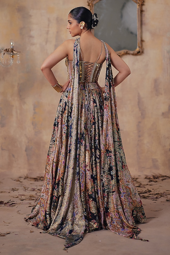 Multi-Colored Premium Lurex Georgette Printed Wedding Lehenga Set by Ajiesh Oberoi at Pernia's Pop Up Shop