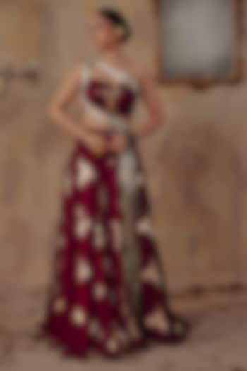 Wine Jacquard Premium Lurex Georgette Motif Printed Skirt Set by Ajiesh Oberoi at Pernia's Pop Up Shop