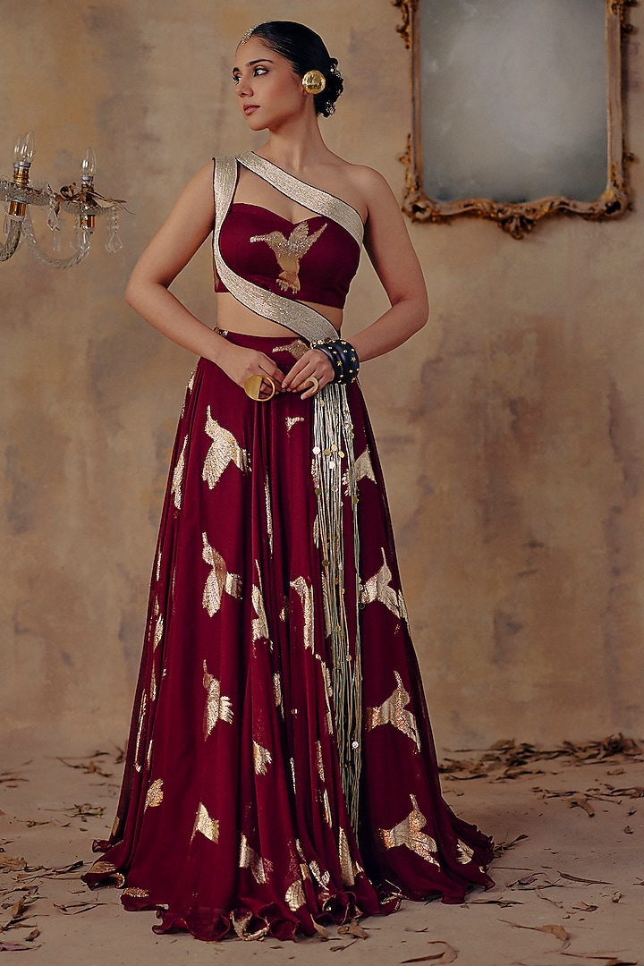 Wine Jacquard Premium Lurex Georgette Motif Printed Skirt Set by Ajiesh Oberoi at Pernia's Pop Up Shop