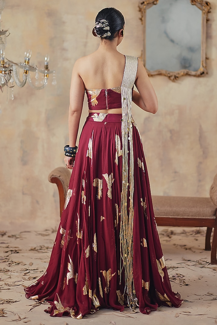 Wine Jacquard Premium Lurex Georgette Motif Printed Skirt Set by Ajiesh Oberoi at Pernia's Pop Up Shop