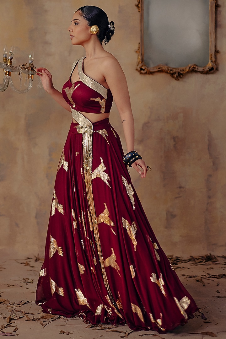 Wine Jacquard Premium Lurex Georgette Motif Printed Skirt Set by Ajiesh Oberoi at Pernia's Pop Up Shop