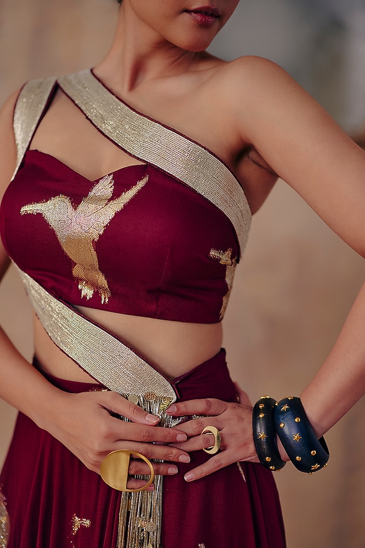 Wine Jacquard Premium Lurex Georgette Motif Printed Skirt Set by Ajiesh Oberoi at Pernia's Pop Up Shop