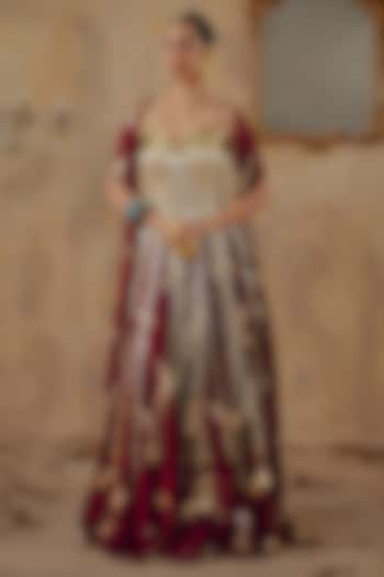 Wine Jacquard Premium Lurex Georgette Motif Printed Skirt Set by Ajiesh Oberoi at Pernia's Pop Up Shop