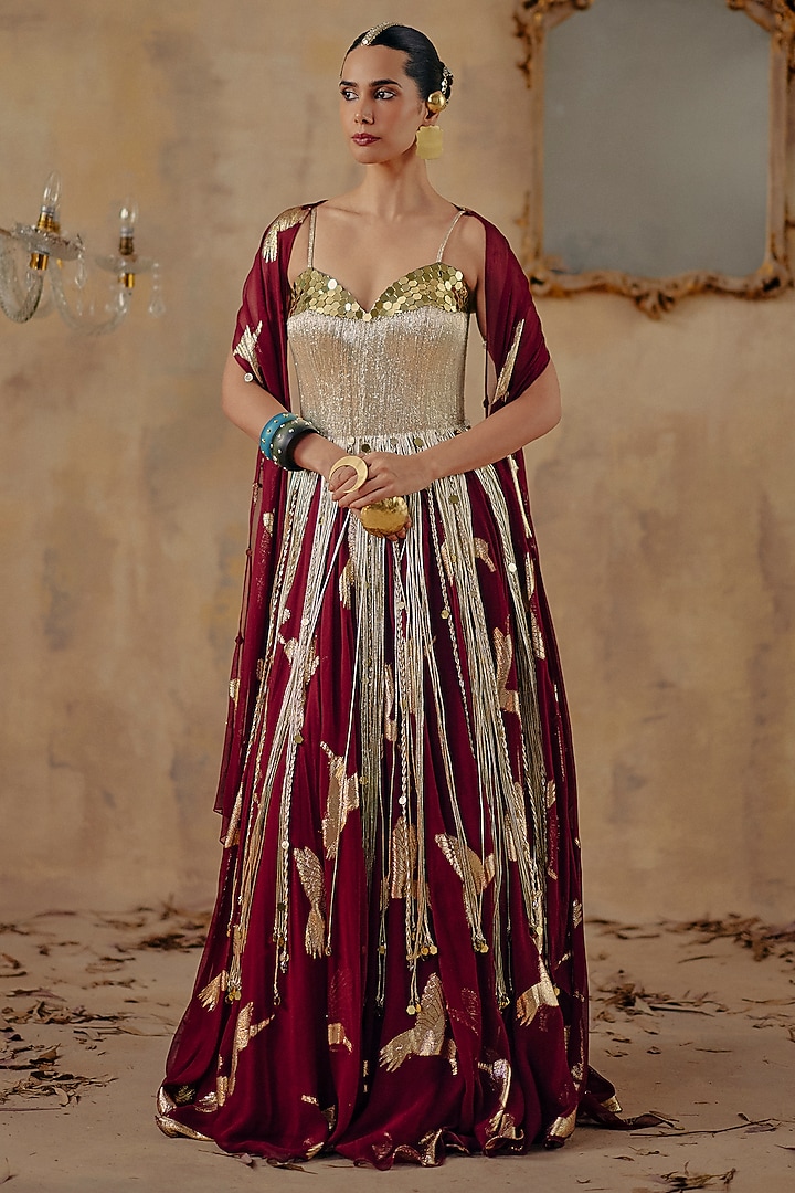 Wine Jacquard Premium Lurex Georgette Motif Printed Skirt Set by Ajiesh Oberoi at Pernia's Pop Up Shop