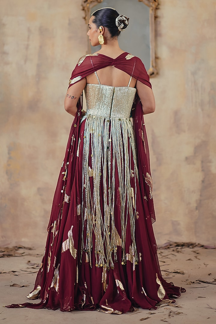 Wine Jacquard Premium Lurex Georgette Motif Printed Skirt Set by Ajiesh Oberoi at Pernia's Pop Up Shop