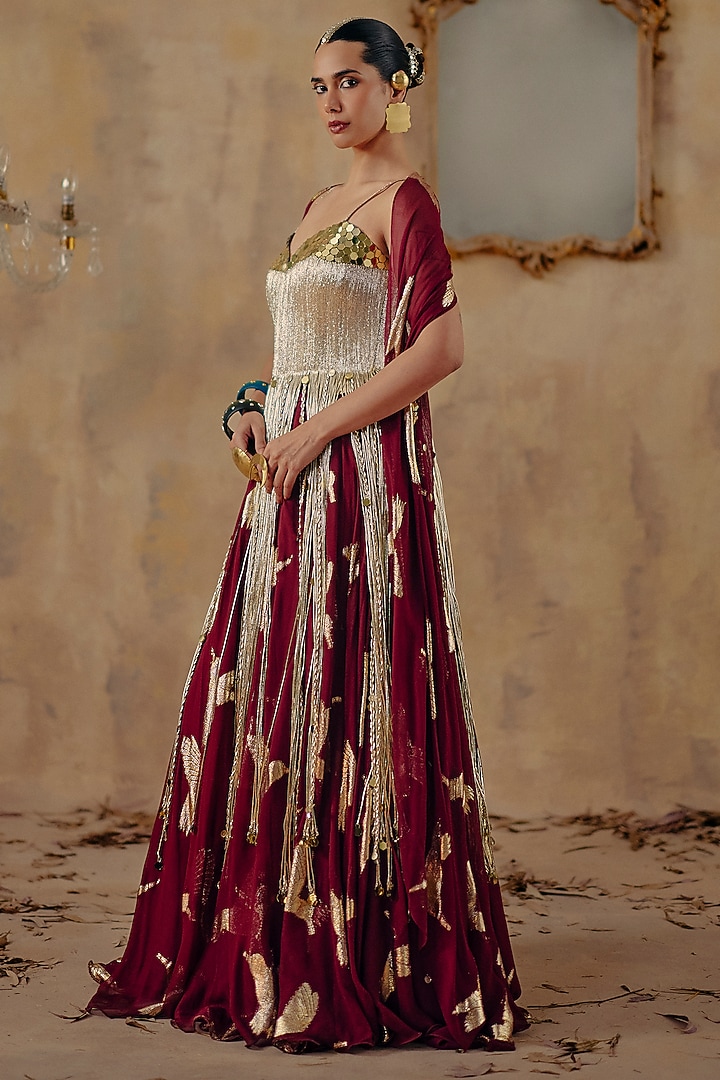 Wine Jacquard Premium Lurex Georgette Motif Printed Skirt Set by Ajiesh Oberoi at Pernia's Pop Up Shop