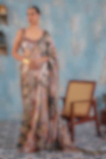 Multi-Colored Premium Lurex Georgette Printed Wedding Saree Set by Ajiesh Oberoi at Pernia's Pop Up Shop