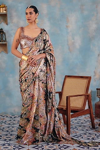 Multi-Colored Premium Lurex Georgette Printed Saree Set by Ajiesh Oberoi