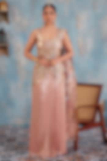 Blush Pink Premium Lurex Georgette Embroidered Draped Wedding Saree Set by Ajiesh Oberoi at Pernia's Pop Up Shop