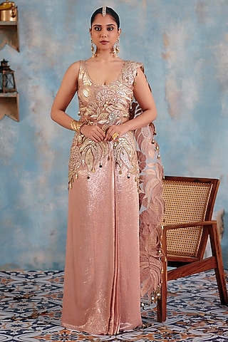 Blush Pink Premium Lurex Georgette Embroidered Draped Saree Set by Ajiesh Oberoi