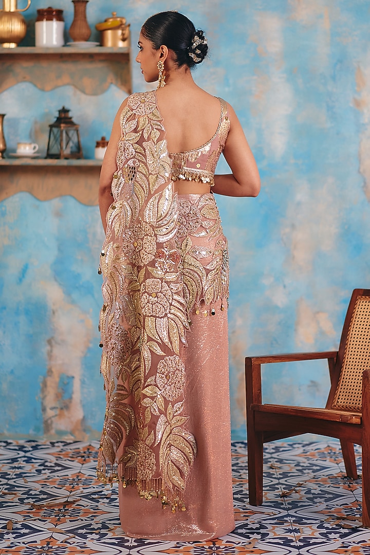 Blush Pink Premium Lurex Georgette Embroidered Draped Wedding Saree Set by Ajiesh Oberoi at Pernia's Pop Up Shop