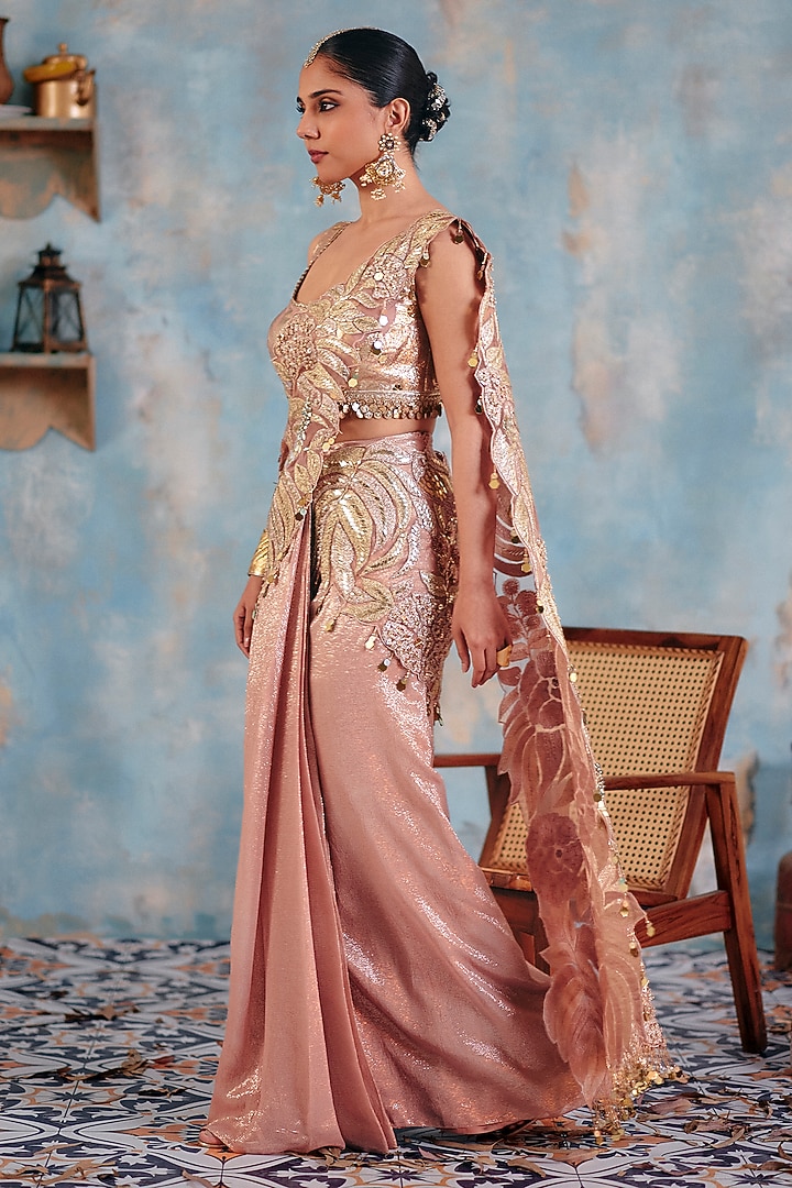 Blush Pink Premium Lurex Georgette Embroidered Draped Wedding Saree Set by Ajiesh Oberoi at Pernia's Pop Up Shop