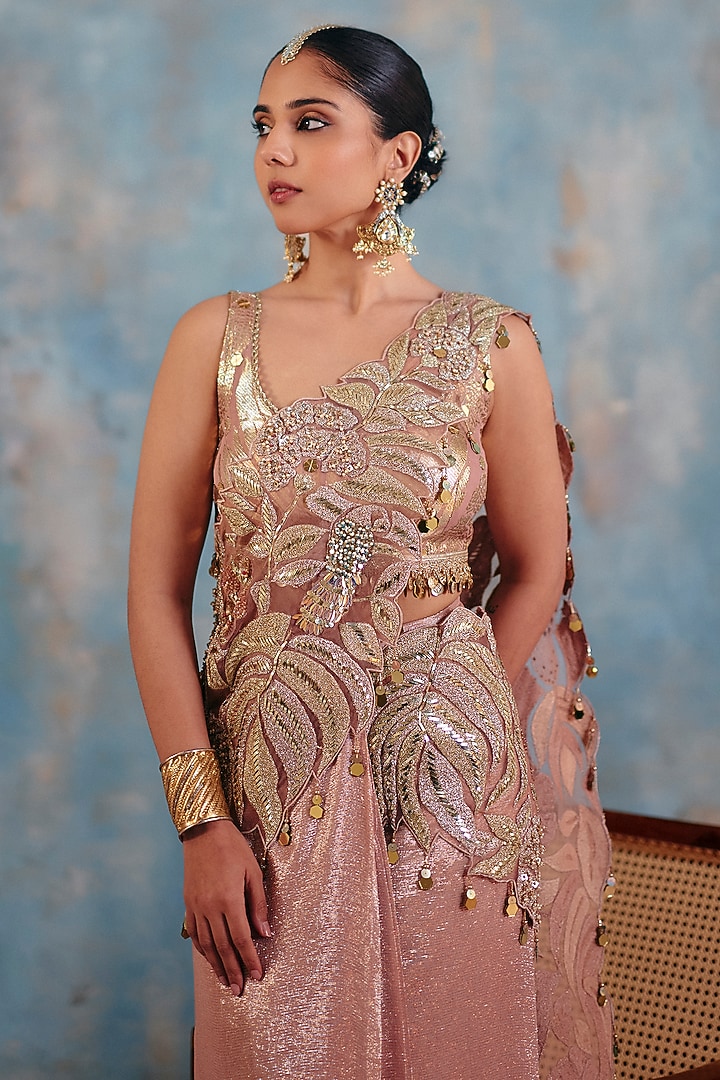 Blush Pink Premium Lurex Georgette Embroidered Draped Wedding Saree Set by Ajiesh Oberoi at Pernia's Pop Up Shop