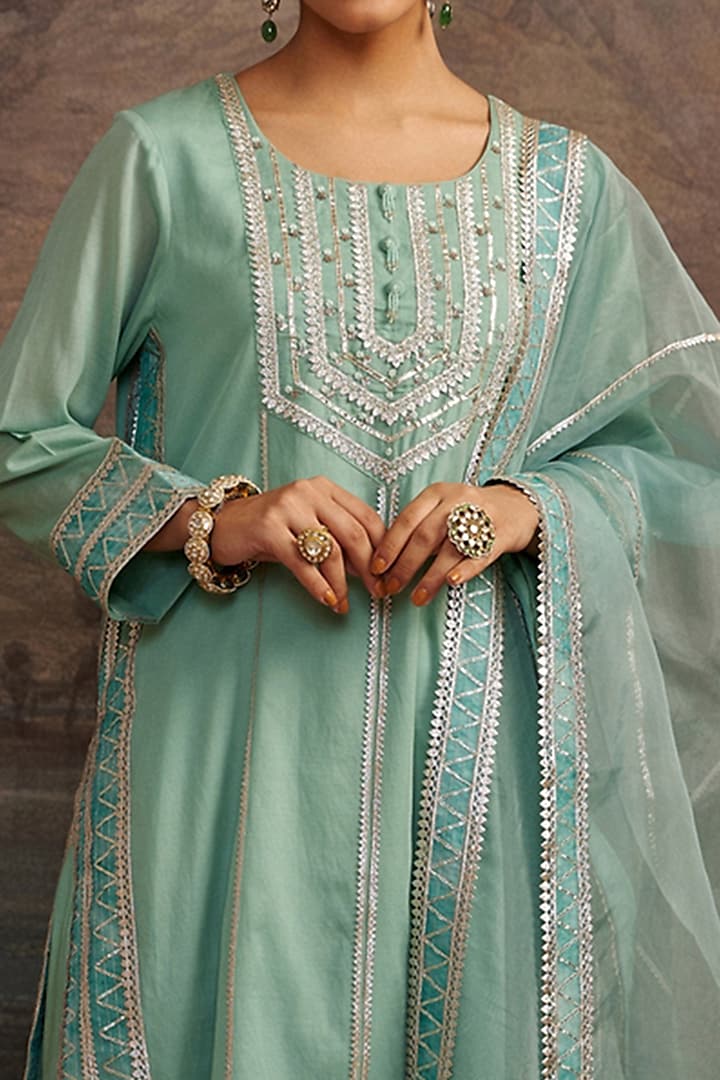 Sea Green Gota Embroidered Kurta Set by Ajiesh Oberoi at Pernia's Pop Up Shop
