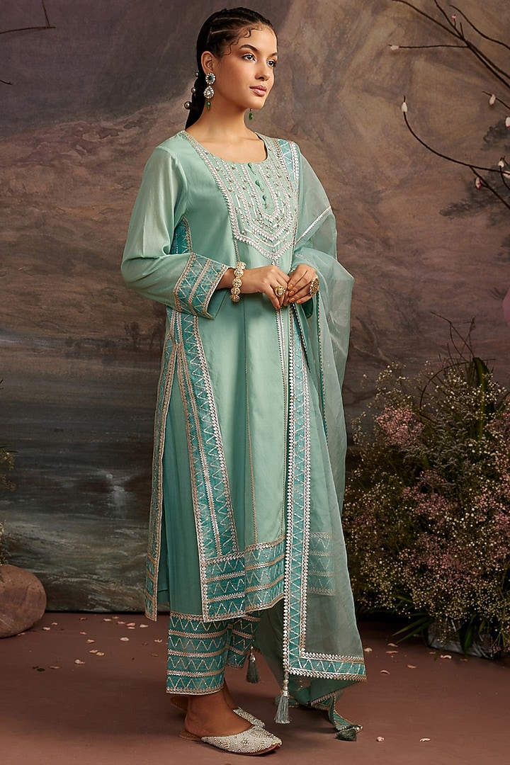 Sea Green Gota Embroidered Kurta Set by Ajiesh Oberoi at Pernia's Pop Up Shop