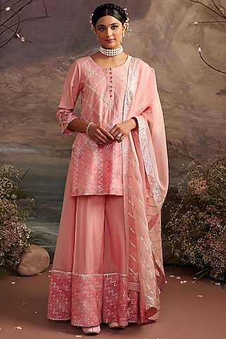 Rose Pink Embroidered Sharara Set by Ajiesh Oberoi