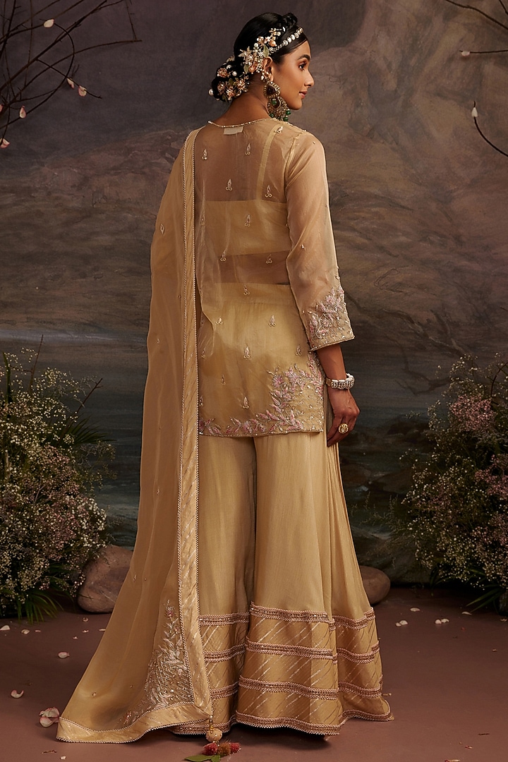 Honey Gold Dupion Silk Wedding Sharara Set by Ajiesh Oberoi at Pernia's Pop Up Shop