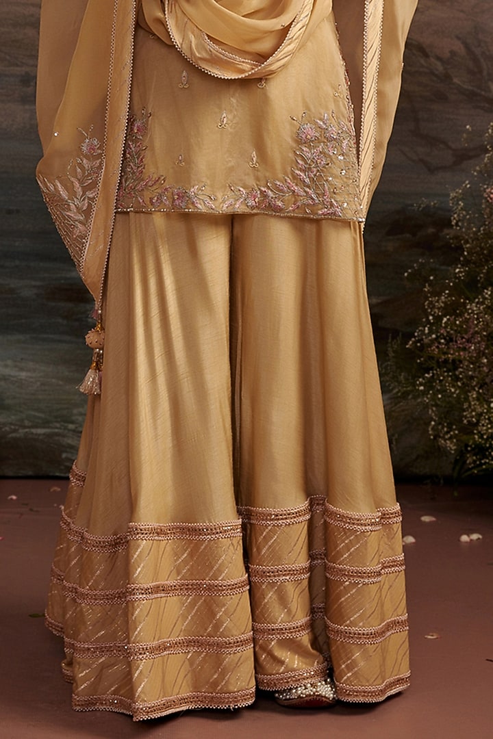 Honey Gold Dupion Silk Wedding Sharara Set by Ajiesh Oberoi at Pernia's Pop Up Shop