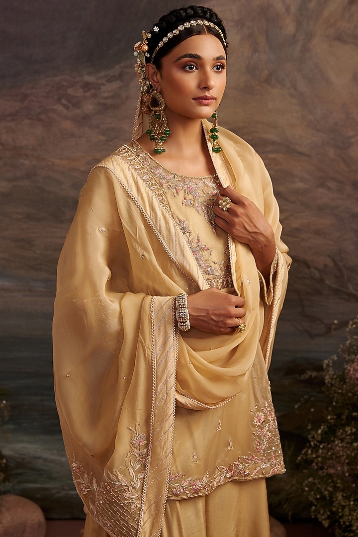 Honey Gold Dupion Silk Wedding Sharara Set by Ajiesh Oberoi at Pernia's Pop Up Shop