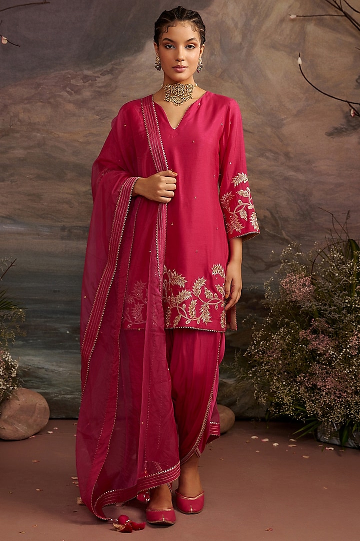 Rani Pink Dupion Silk Dhoti Set by Ajiesh Oberoi at Pernia's Pop Up Shop